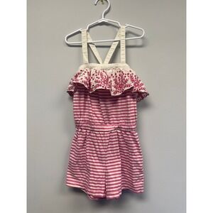Hanna Andersson Girls Pink Striped Eyelet Ruffle Romper Size 120 US 6-7 Cotton